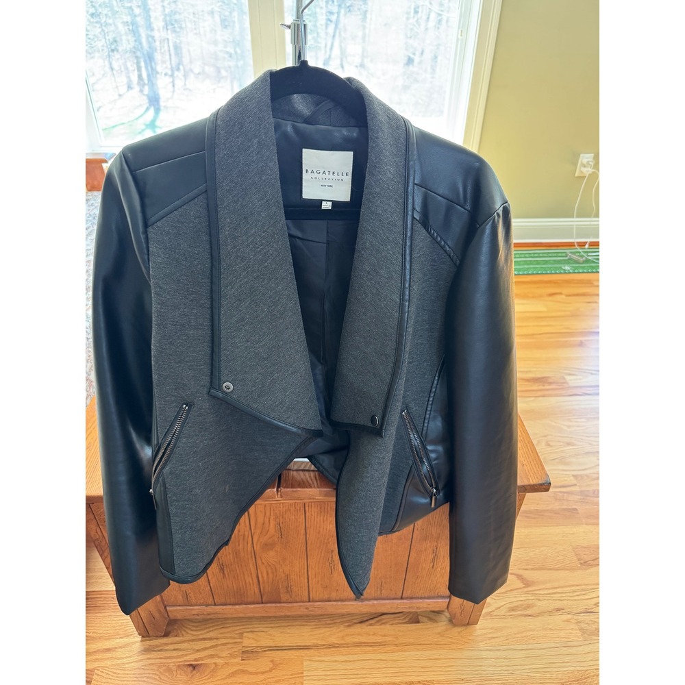 Bagatelle Collection Mixed Media Moto Jacket - Faux Leather & Grey Knit - Size L